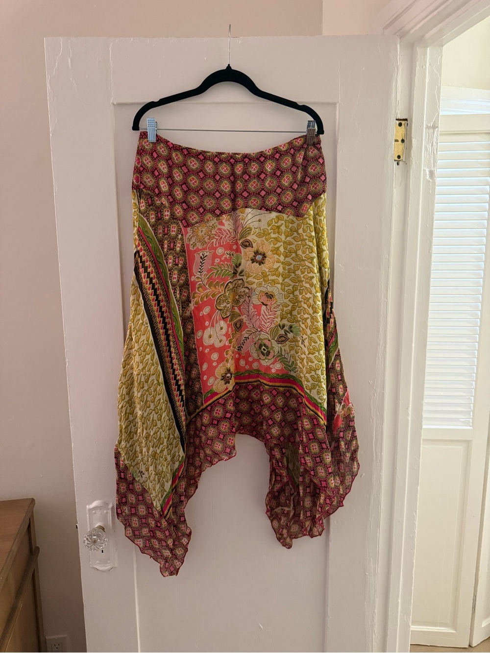 BILA vintage Boho Patchwork Midi Skirt Asymmetrical Handkerchief Hem – Size M